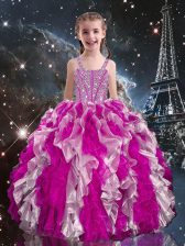 High End Floor Length Lace Up Little Girl Pageant Dress Fuchsia for Quinceanera and Wedding Party with Beading and Ruffles