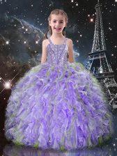 Top Selling Lilac Little Girl Pageant Gowns Quinceanera and Wedding Party with Beading and Ruffles Straps Sleeveless Lace Up