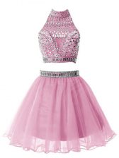 Comfortable Organza High-neck Sleeveless Zipper Beading Quinceanera Court Dresses in Lilac