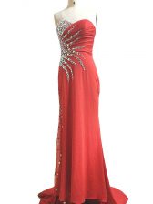 Fancy Sleeveless Brush Train Side Zipper Beading and Ruching Dress for Prom