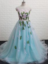 Chic Aqua Blue Sleeveless Brush Train Appliques Dress for Prom