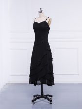  Black Zipper Prom Gown Lace and Appliques Sleeveless Tea Length