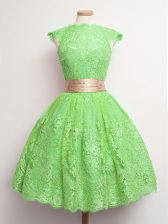  Green High-neck Neckline Belt Dama Dress Cap Sleeves Lace Up