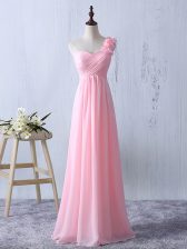  Baby Pink Sleeveless Floor Length Ruffles and Ruching Zipper Dama Dress for Quinceanera