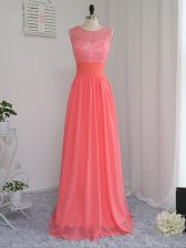 Sleeveless Chiffon Floor Length Zipper Court Dresses for Sweet 16 in Watermelon Red with Lace