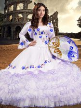  Long Sleeves Floor Length Embroidery and Ruffled Layers Lace Up Sweet 16 Dresses with Royal Blue