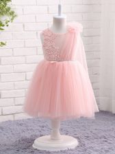 Excellent Knee Length Baby Pink Girls Pageant Dresses Tulle Sleeveless Appliques and Hand Made Flower