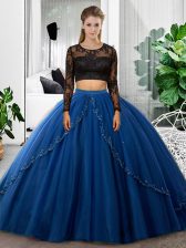 Custom Design Blue Backless Vestidos de Quinceanera Lace and Ruching Long Sleeves Floor Length