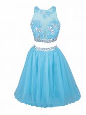 Superior Aqua Blue Tulle Side Zipper Scoop Sleeveless Mini Length Evening Dress Beading