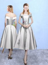 Inexpensive Appliques Quinceanera Court of Honor Dress Silver Lace Up Sleeveless Tea Length
