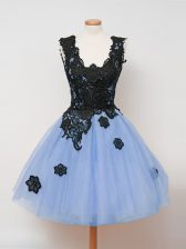 Amazing Light Blue Zipper Straps Lace Damas Dress Tulle Sleeveless