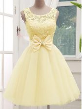 Best Knee Length Light Yellow Vestidos de Damas Tulle Sleeveless Lace and Bowknot