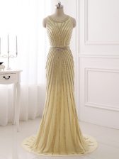 Perfect Champagne Column/Sheath Chiffon Scoop Sleeveless Beading and Belt Zipper Dress for Prom Brush Train