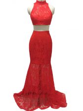  Sleeveless Lace Zipper Prom Party Dress with Red Brush Train