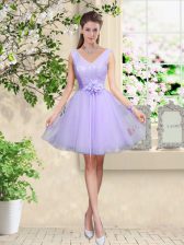  Knee Length Lilac Vestidos de Damas Tulle Sleeveless Lace and Belt