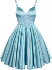 Nice Aqua Blue Lace Up Spaghetti Straps Lace Dama Dress Elastic Woven Satin Sleeveless