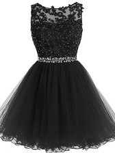 Luxury Sleeveless Tulle Mini Length Zipper Evening Dress in Black with Beading and Lace and Appliques