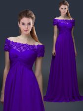 Captivating Purple Empire Appliques Evening Dress Lace Up Chiffon Short Sleeves Floor Length