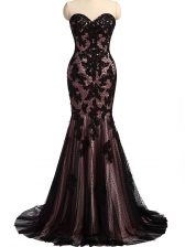  Black Lace Up Prom Gown Lace and Appliques Sleeveless Brush Train