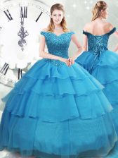  Sleeveless Organza Brush Train Lace Up Quince Ball Gowns in Baby Blue with Beading and Ruffled Layers