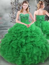 Exquisite Green Lace Up Sweetheart Beading and Ruffles Sweet 16 Dresses Organza Sleeveless