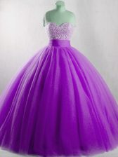 High End Eggplant Purple Ball Gowns Beading 15th Birthday Dress Lace Up Tulle Sleeveless Floor Length