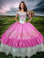  Ball Gowns Quinceanera Gown Rose Pink Off The Shoulder Taffeta Sleeveless Floor Length Lace Up