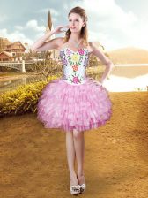 Fashionable Sleeveless Organza Mini Length Lace Up Prom Party Dress in Lilac with Embroidery and Ruffled Layers