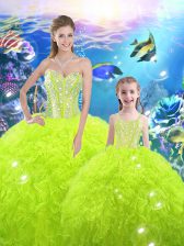  Floor Length Lace Up Sweet 16 Dresses Yellow Green for Military Ball and Sweet 16 and Quinceanera with Beading and Ruffles