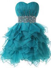  Teal A-line Organza Sweetheart Sleeveless Beading and Ruffles and Ruching Lace Up Prom Dresses