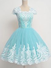  Aqua Blue Zipper Quinceanera Court of Honor Dress Lace Cap Sleeves Knee Length