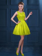  Scoop Sleeveless Damas Dress Knee Length Lace and Ruffled Layers Yellow Green Tulle