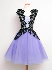 High Class Knee Length Lavender Quinceanera Court of Honor Dress Straps Sleeveless Lace Up