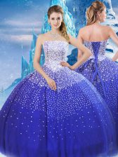 Nice Blue Ball Gowns Beading Sweet 16 Quinceanera Dress Lace Up Tulle Sleeveless Floor Length