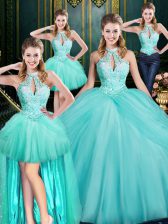 Cheap Aqua Blue Sleeveless Tulle Lace Up Quinceanera Dress for Military Ball and Sweet 16 and Quinceanera