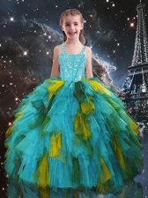  Aqua Blue Lace Up Straps Beading and Ruffles Little Girls Pageant Dress Tulle Short Sleeves
