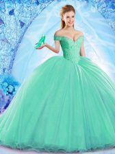 High Class Turquoise Quince Ball Gowns Military Ball and Sweet 16 and Quinceanera with Beading Off The Shoulder Sleeveless Brush Train Lace Up
