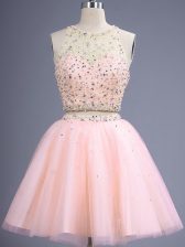 Luxurious Peach Sleeveless Tulle Lace Up Dama Dress for Prom and Party and Wedding Party