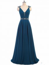 Artistic Teal Empire Chiffon V-neck Cap Sleeves Beading Floor Length Lace Up Prom Party Dress