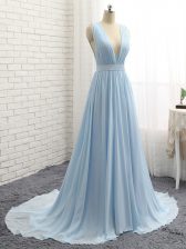 Stylish Light Blue Chiffon Backless V-neck Sleeveless Prom Party Dress Brush Train Ruching and Belt