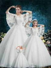 Luxurious White Lace Up Scoop Lace Quinceanera Gown Tulle Half Sleeves