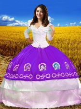 Customized Purple Lace Up Ball Gown Prom Dress Embroidery 3 4 Length Sleeve Floor Length