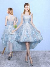  Light Blue Zipper Court Dresses for Sweet 16 Appliques Sleeveless High Low