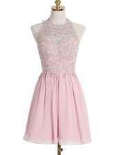  Halter Top Sleeveless Damas Dress Knee Length Appliques Pink Chiffon
