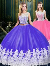 Decent Floor Length Blue And White Quince Ball Gowns Scoop Sleeveless Clasp Handle