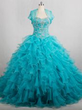 Fancy Lace Up Quince Ball Gowns Aqua Blue for Sweet 16 and Quinceanera with Beading and Ruffles Brush Train