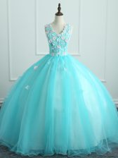  Floor Length Aqua Blue 15th Birthday Dress V-neck Sleeveless Lace Up
