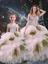  Sweetheart Sleeveless Quince Ball Gowns Floor Length Beading and Ruffled Layers Multi-color Organza