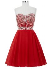 Smart Red A-line Beading Homecoming Dress Lace Up Chiffon Sleeveless Mini Length