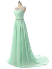 Vintage Chiffon Scoop Sleeveless Brush Train Zipper Beading and Ruching in Apple Green